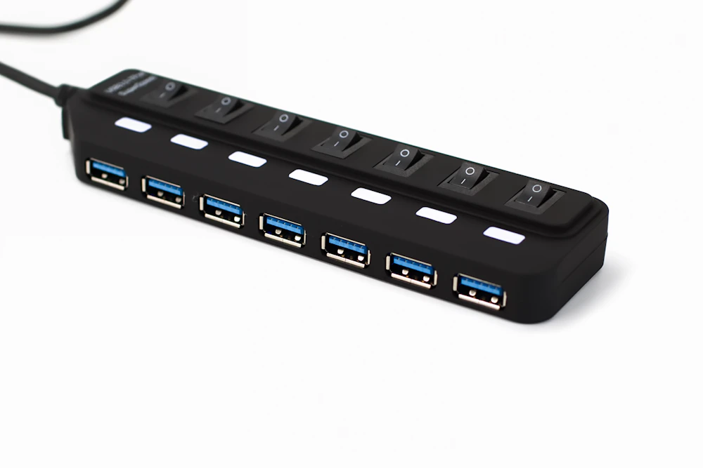 Black multiport USB hub with seven ports