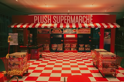 Plush supermarché storefront with checkered floor