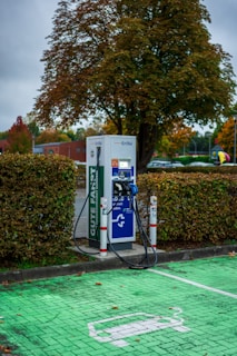 Electric car charging station with autumn trees
