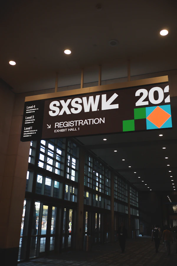 SXSW registration sign at Austin Convention Center