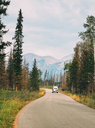 Van driving on a road towards mountains