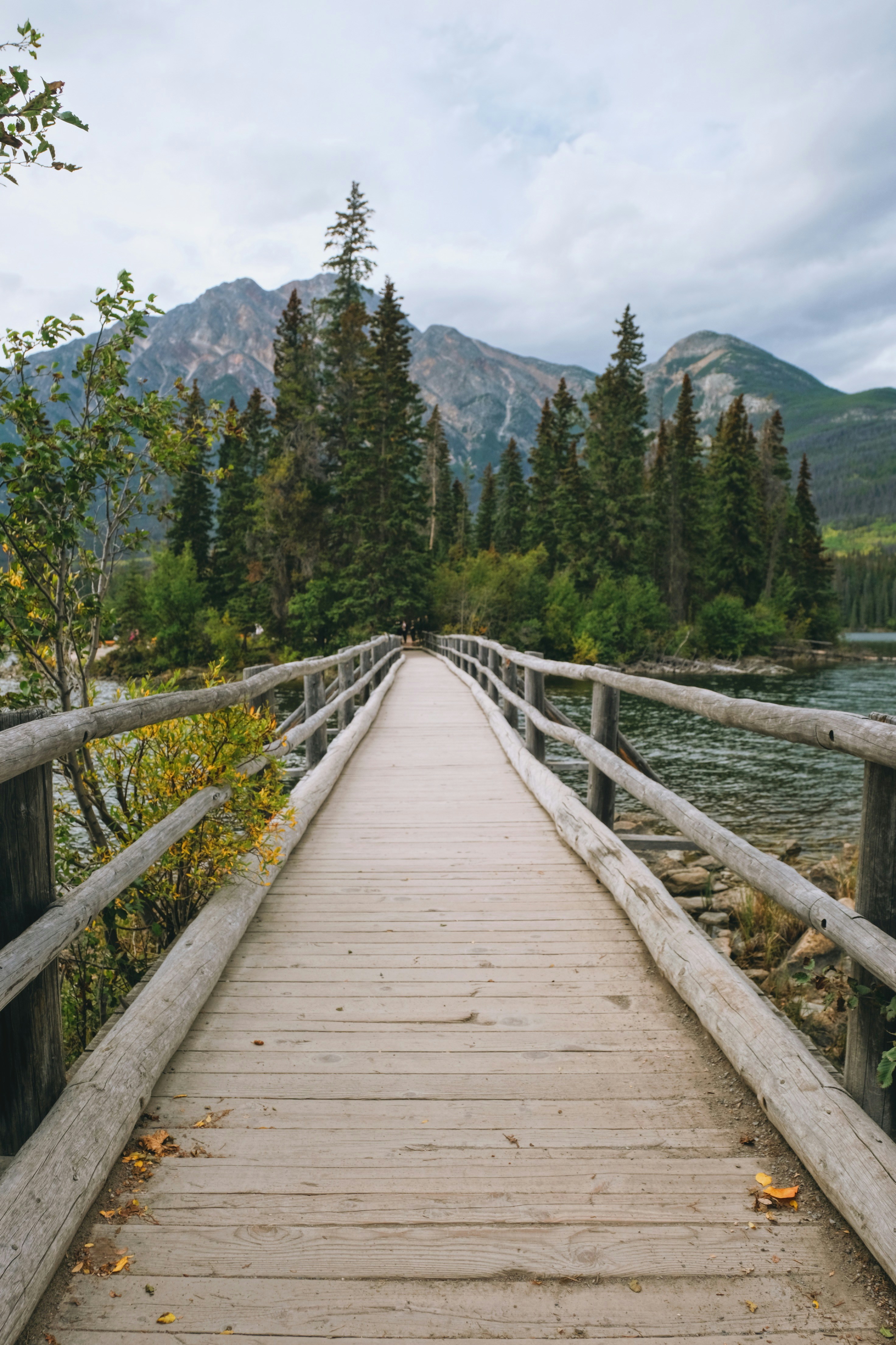 Wooden bridge leading to a tree-covered island with mountains.