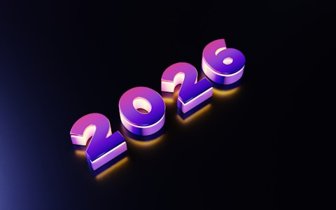 The year 2026 in glowing purple and pink numbers.