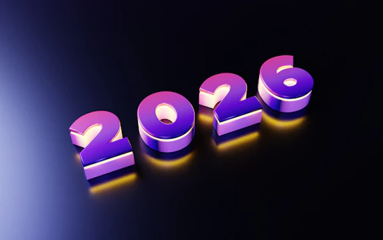 3D metallic numbers spelling out the year 2026