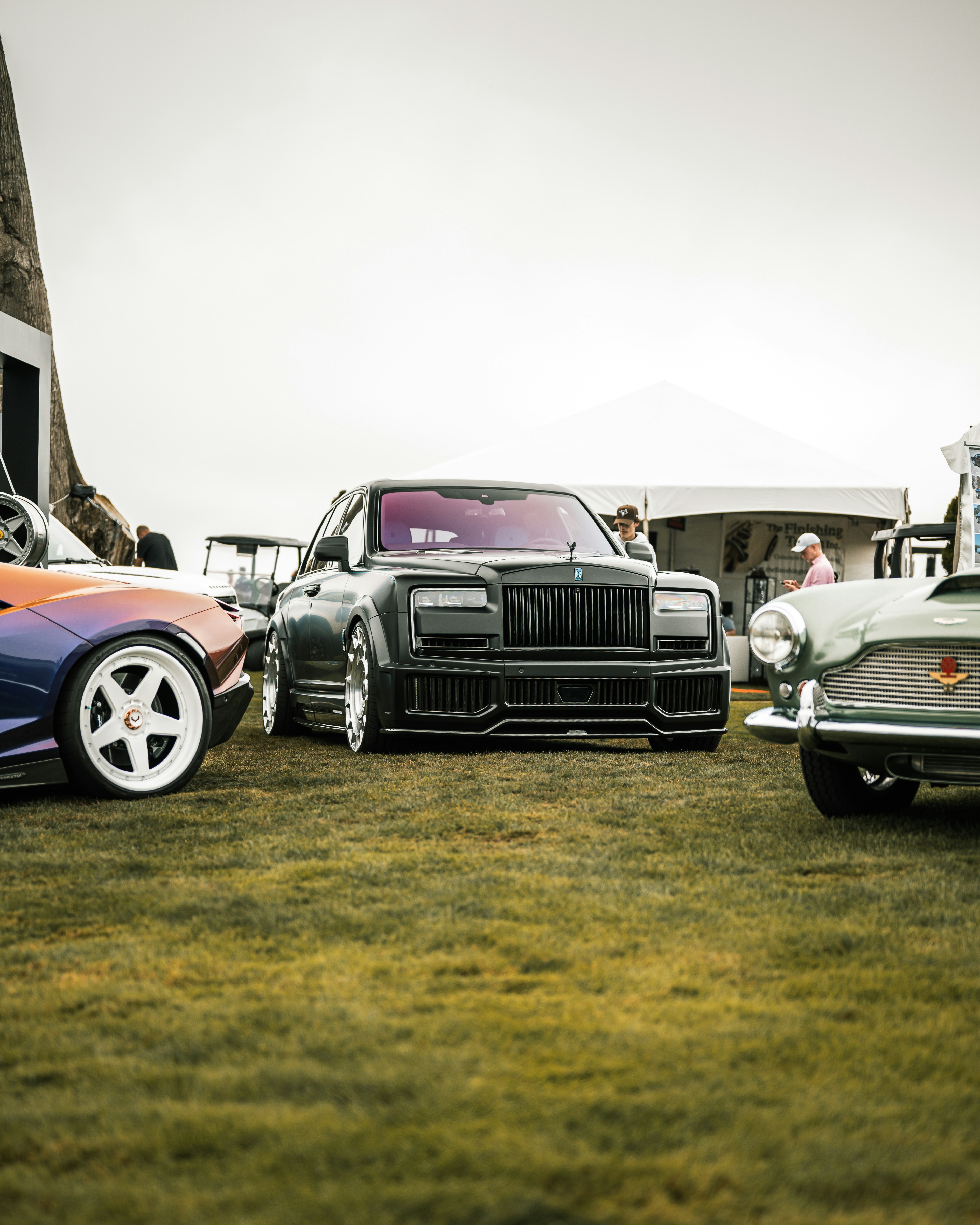 Tre auto modificate parcheggiate su un campo erboso