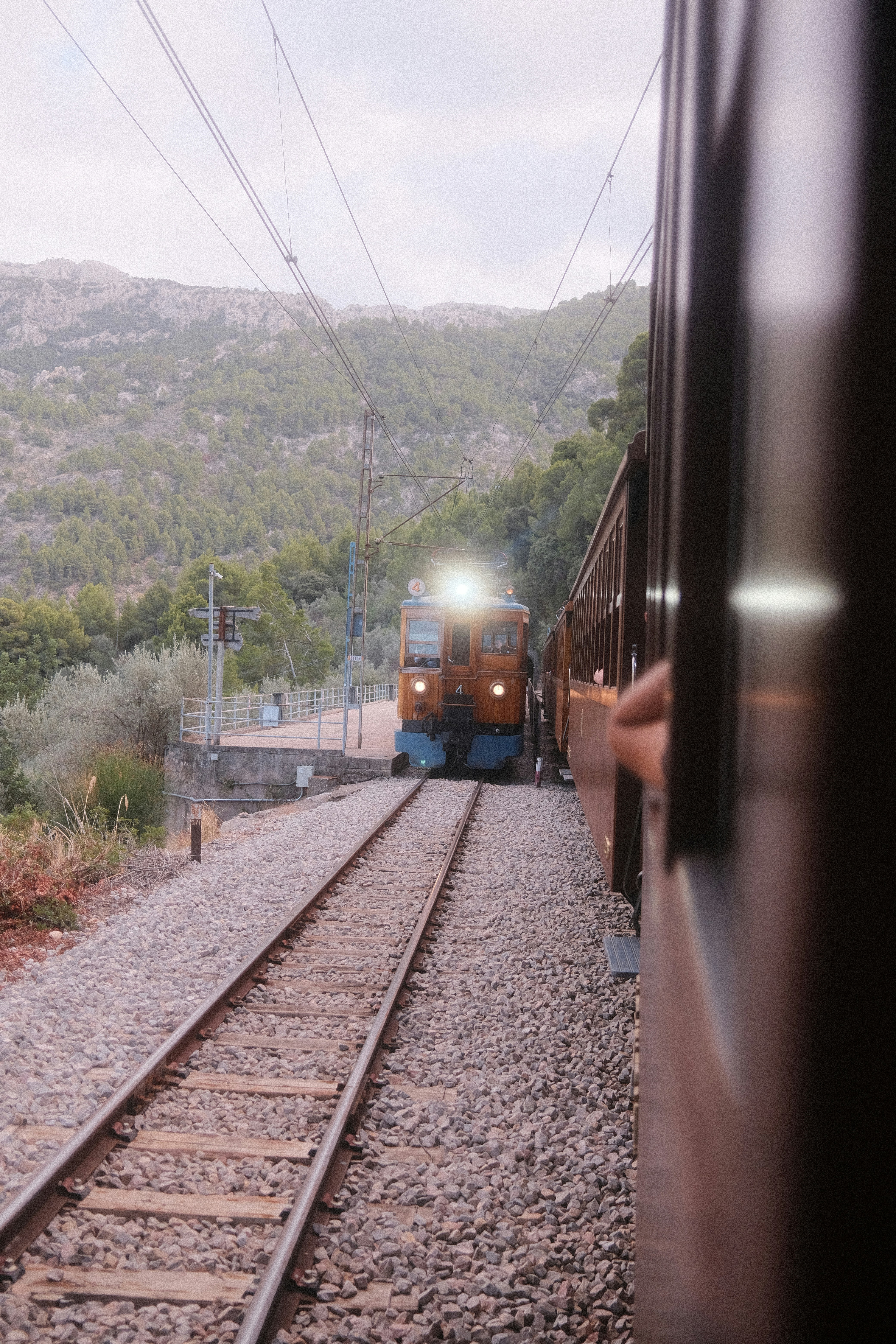 Zuganfahrt Bahnhof in einer bergigen Landschaft.