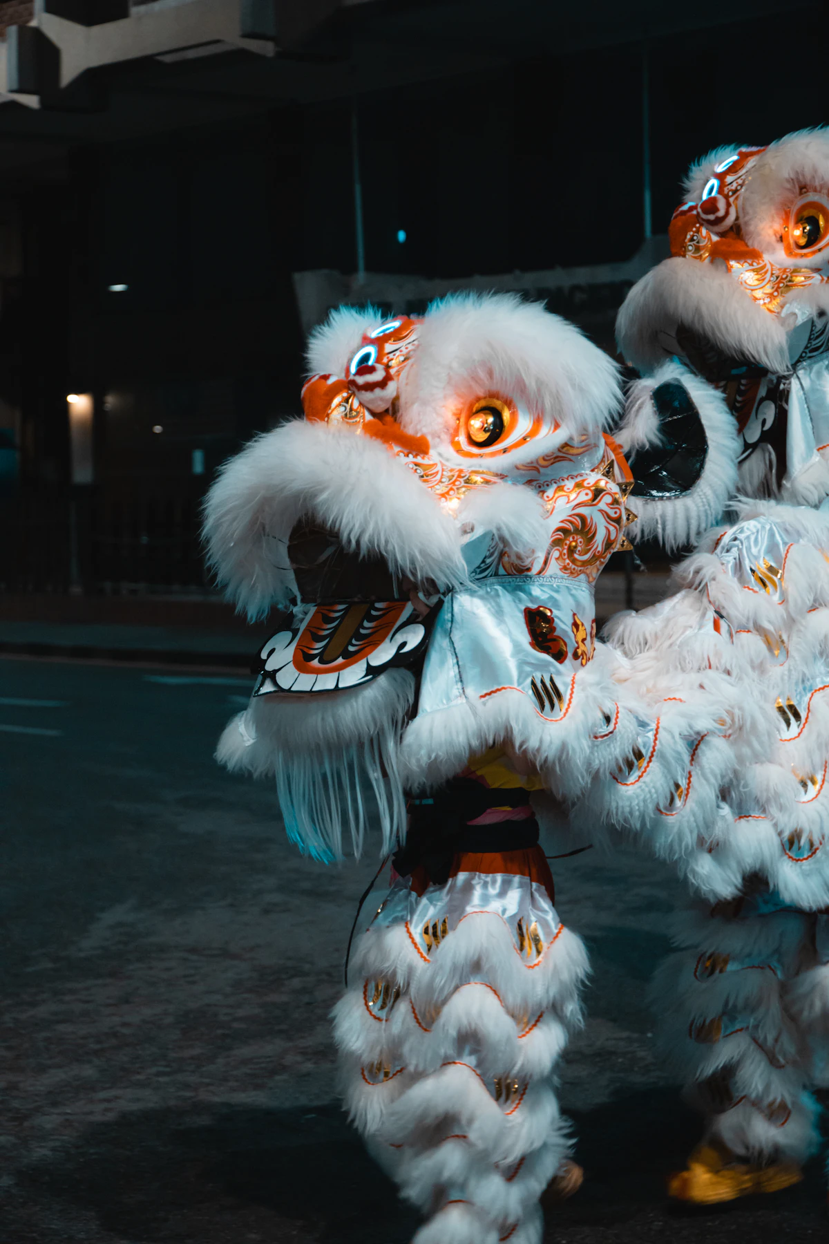 Two lions of the Stardust troupe rearing under night lights, mid-performance