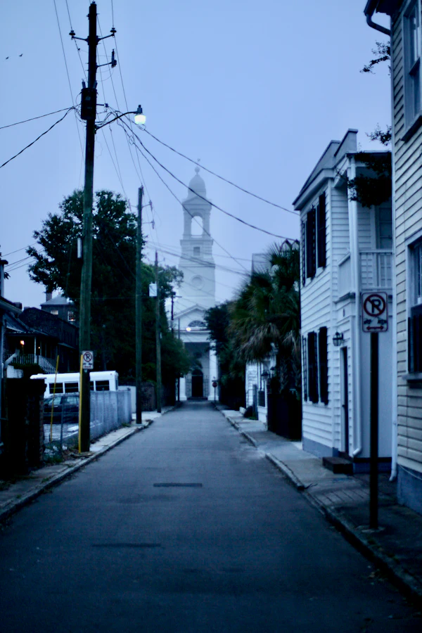 Church steeple at dusk in downtown Charleston