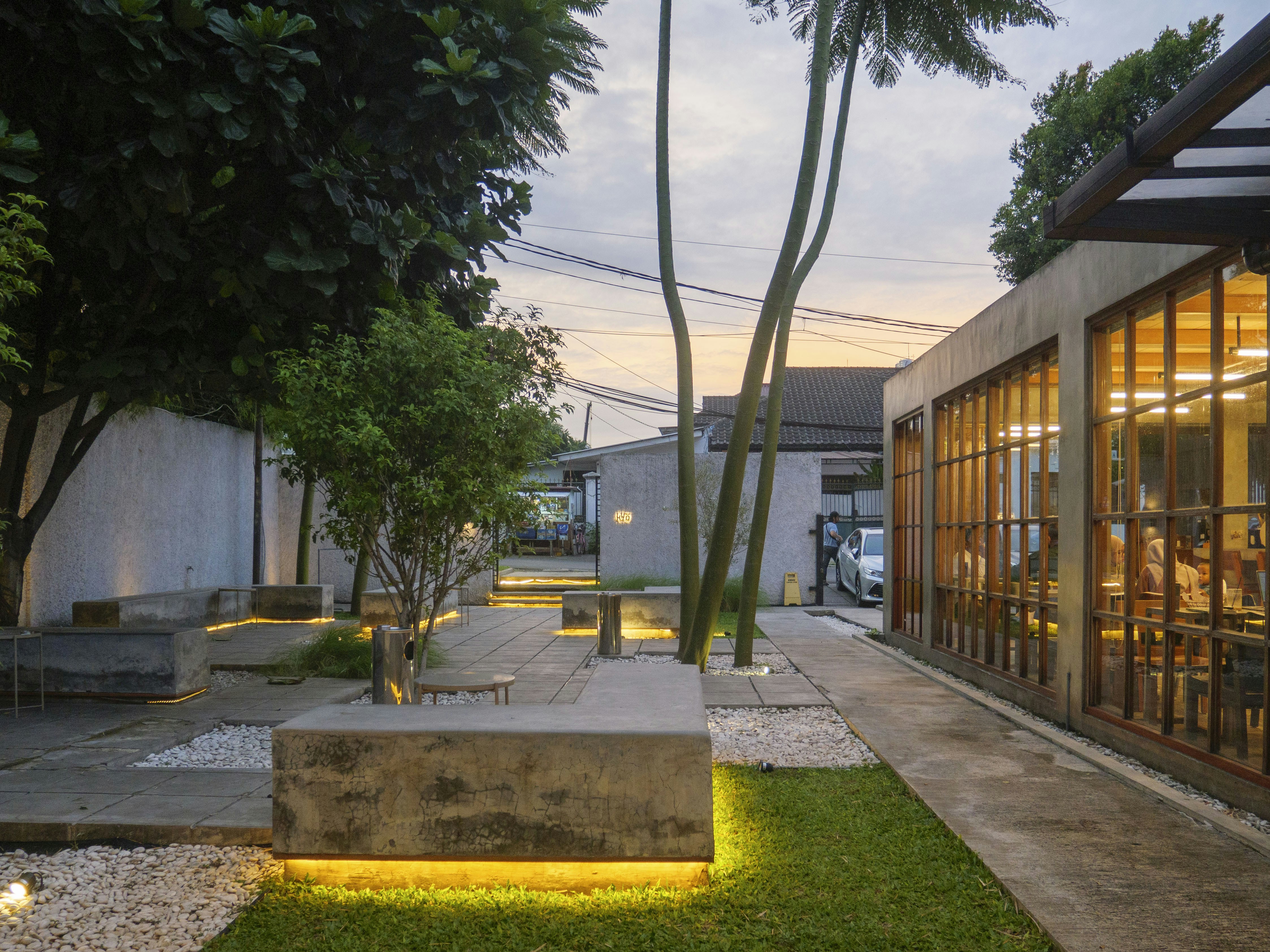 Modern outdoor seating with concrete benches