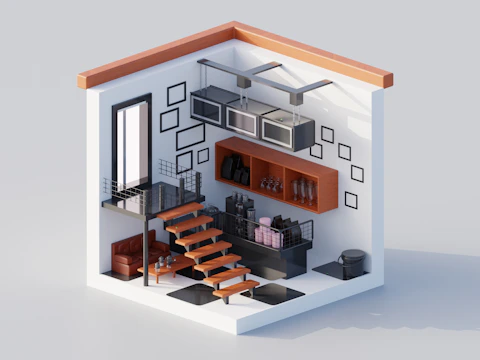 Isometric view of a modern loft apartment interior