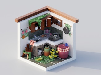 A small, overgrown isometric kitchen with plants and cooking supplies.