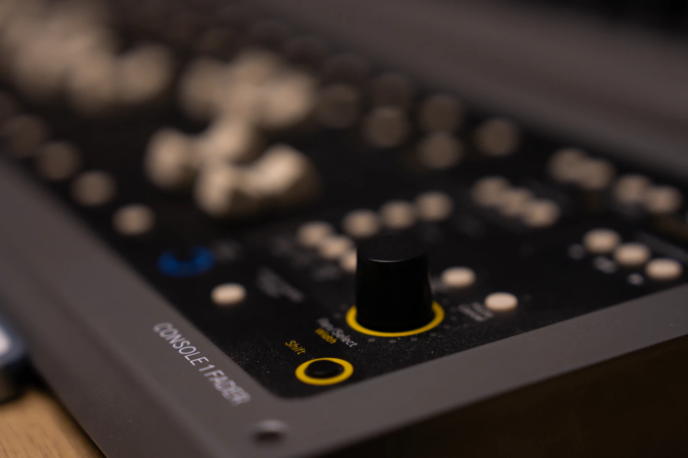 Close-up of a mixing console knob