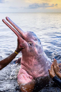 A pink river dolphin being held by hands in water