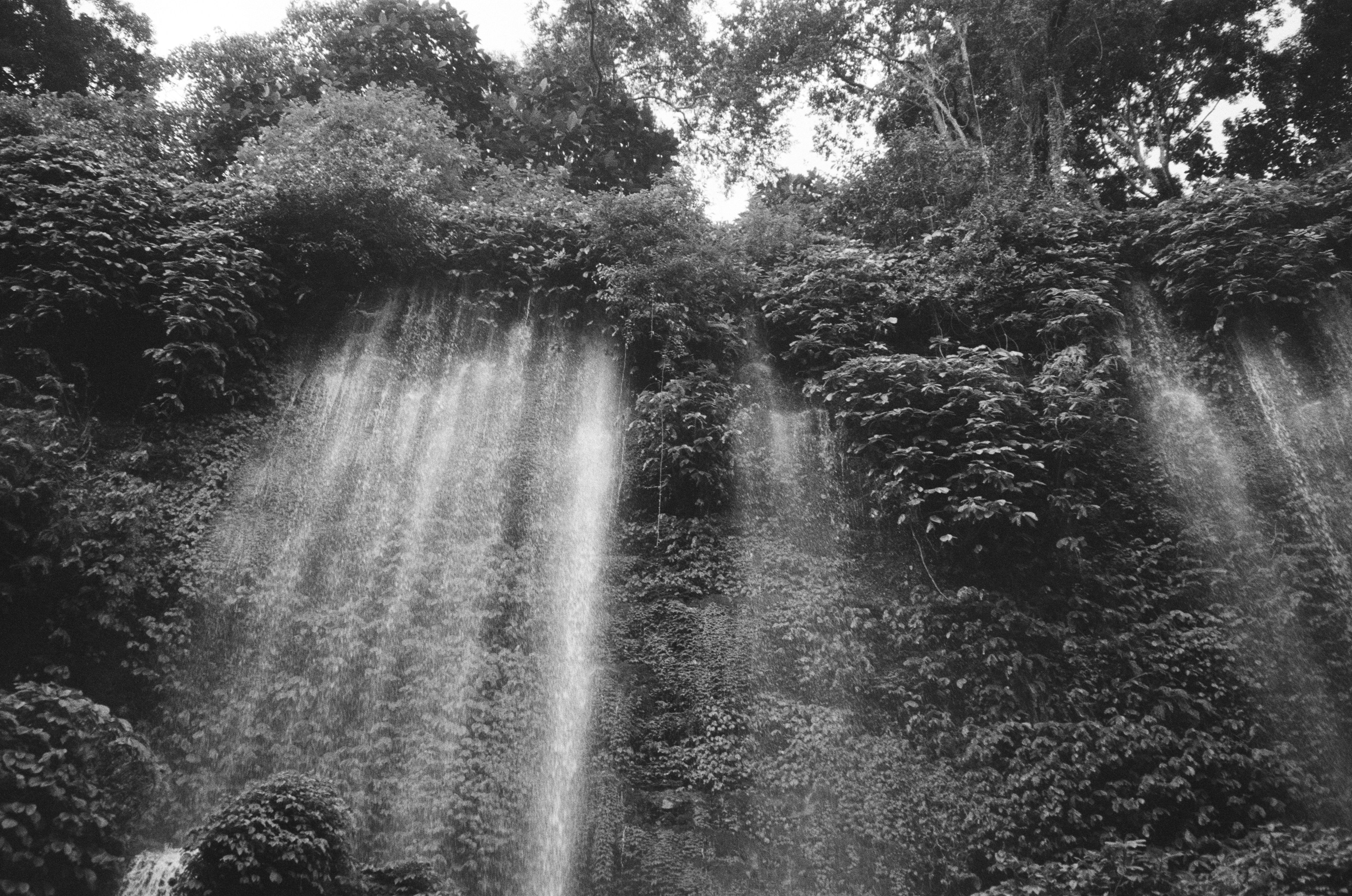 Air terjun yang rimbun mengalir menuruni tebing berbatu yang tertutup lumut.