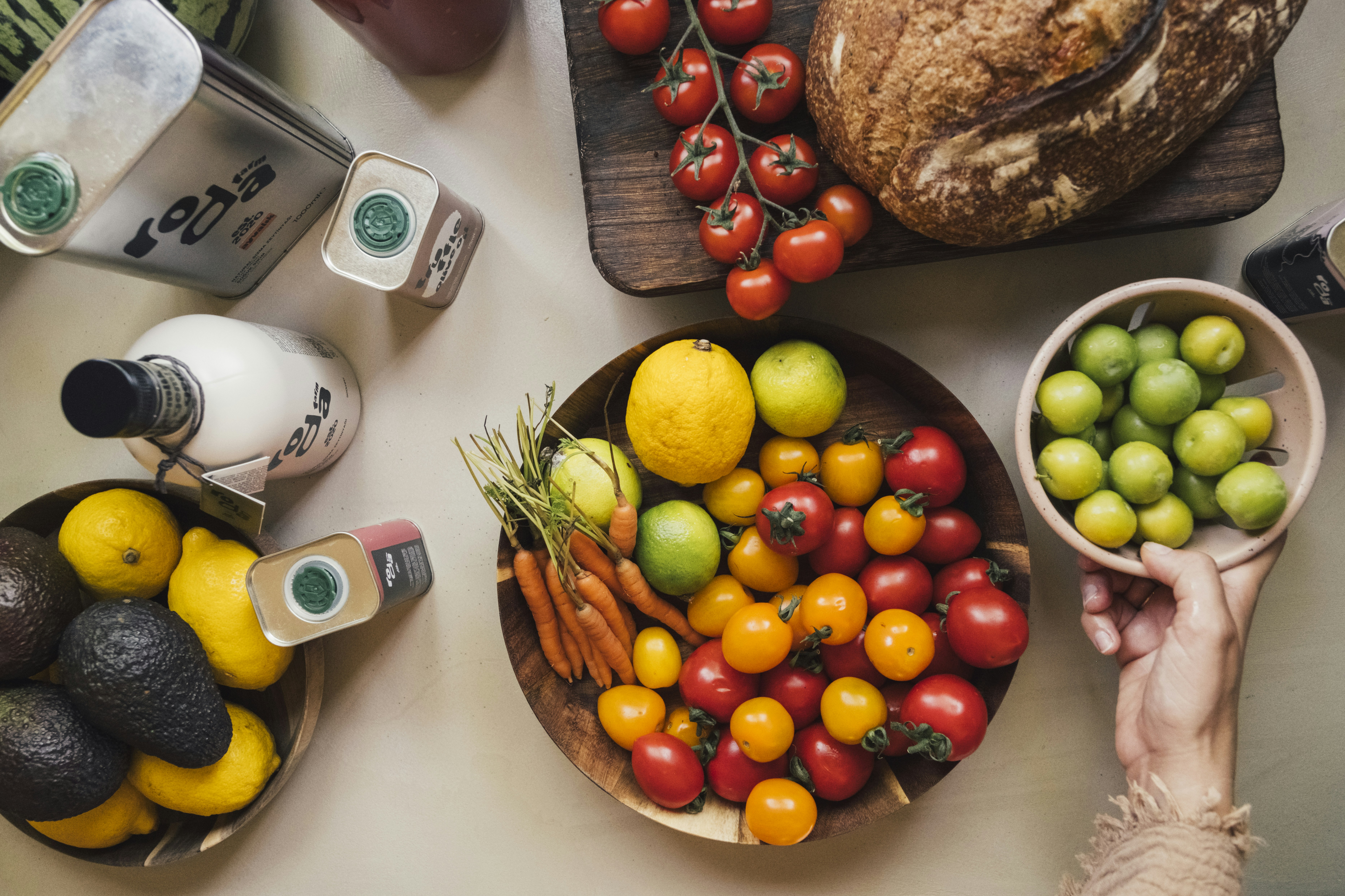 Variety of high-fiber foods including oats, beans, and vegetables