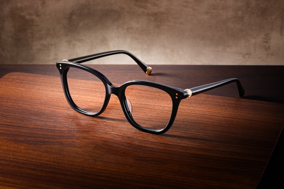 Black eyeglasses resting on a wooden surface.
