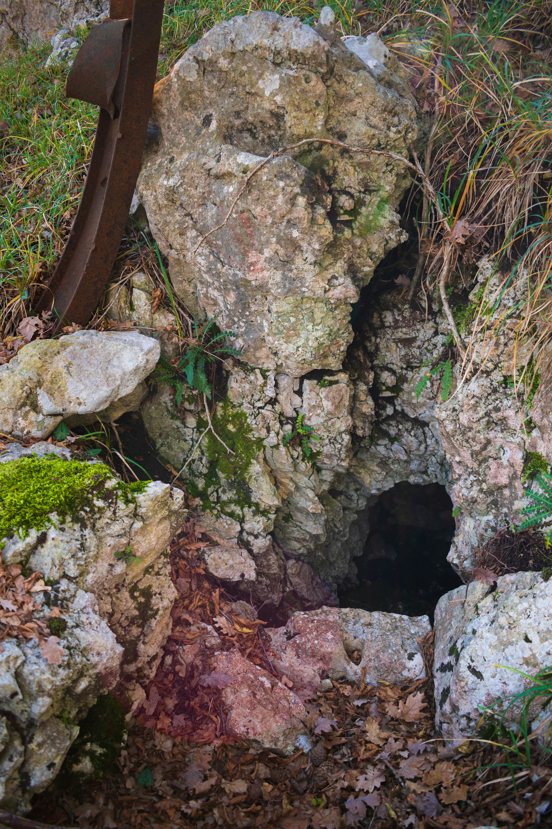 Rocky opening in the ground with mossy stones