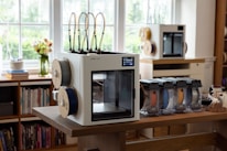 Multiple 3D printers and filament spools on a table.