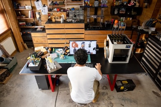 Man working at a desk with 3D printer.
