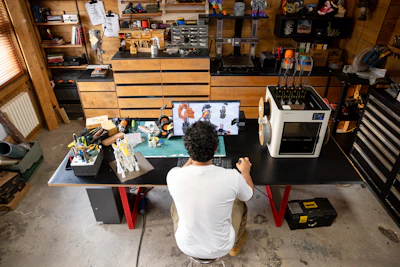 Man working at a desk with 3D printer.