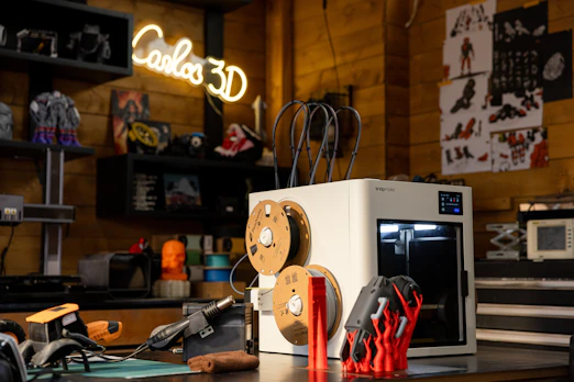 3D printer with filament spools and printed objects