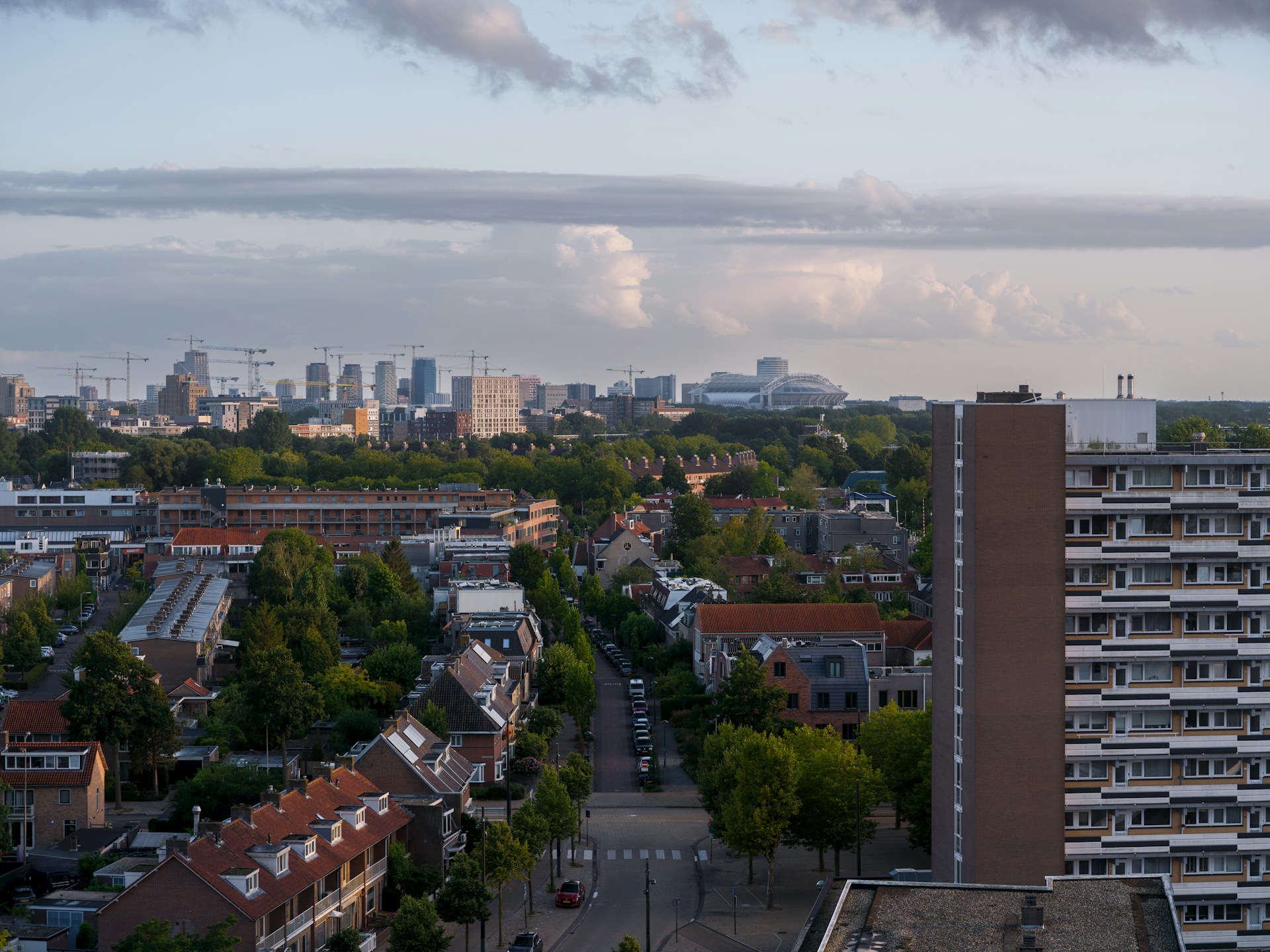 City skyline with apartment buildings and trees