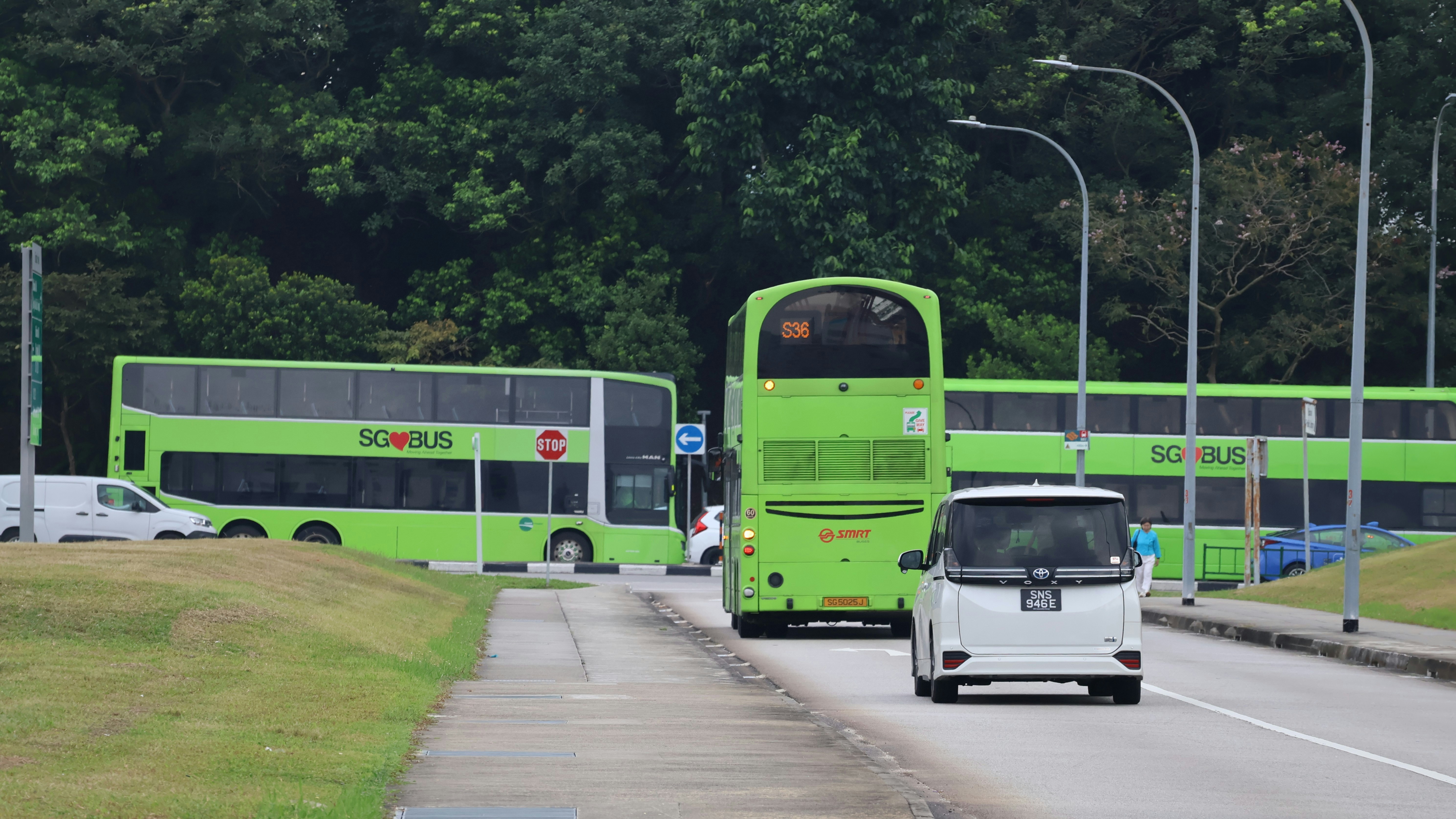 Two green double-decker buses on a road.