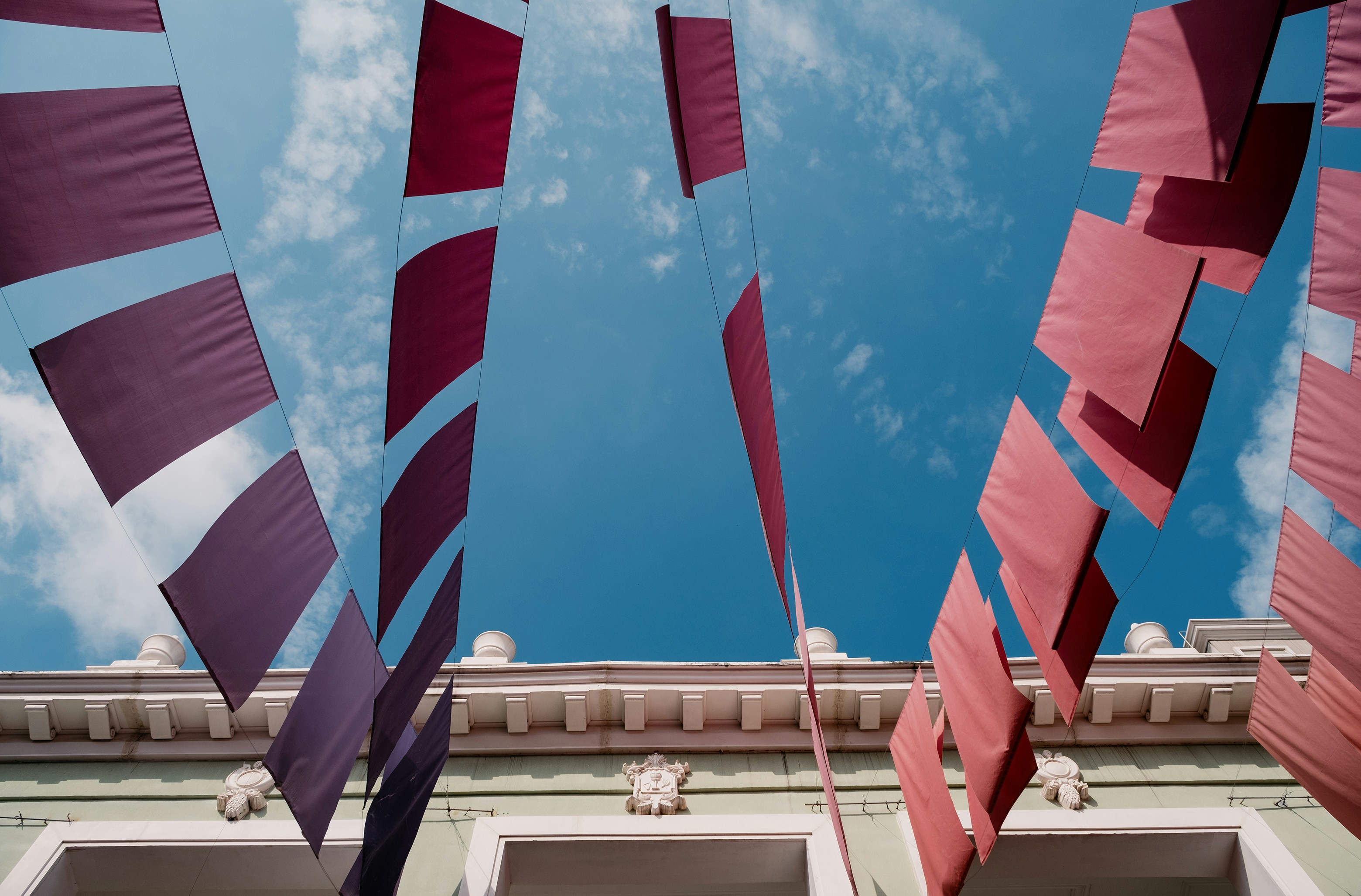 Red and purple flags against a blue sky.