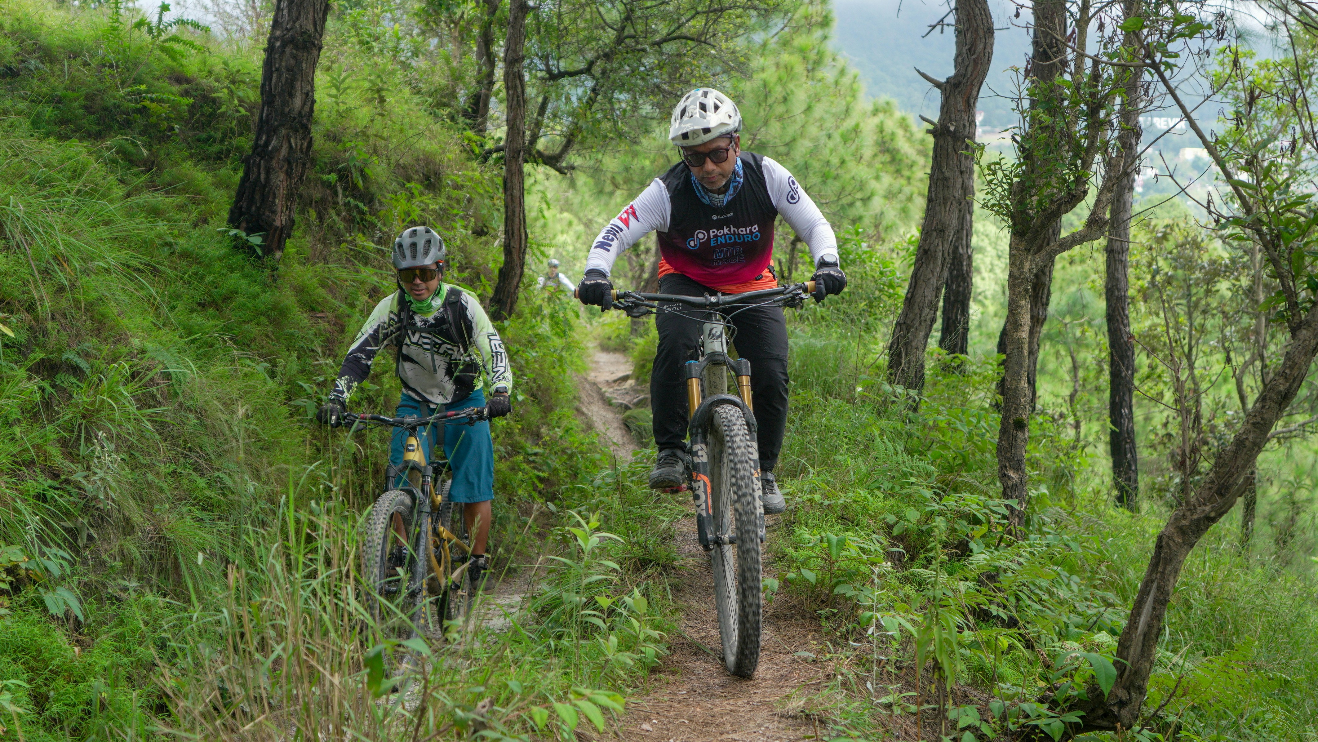 Two cyclists ride mountain bikes on a forest trail.