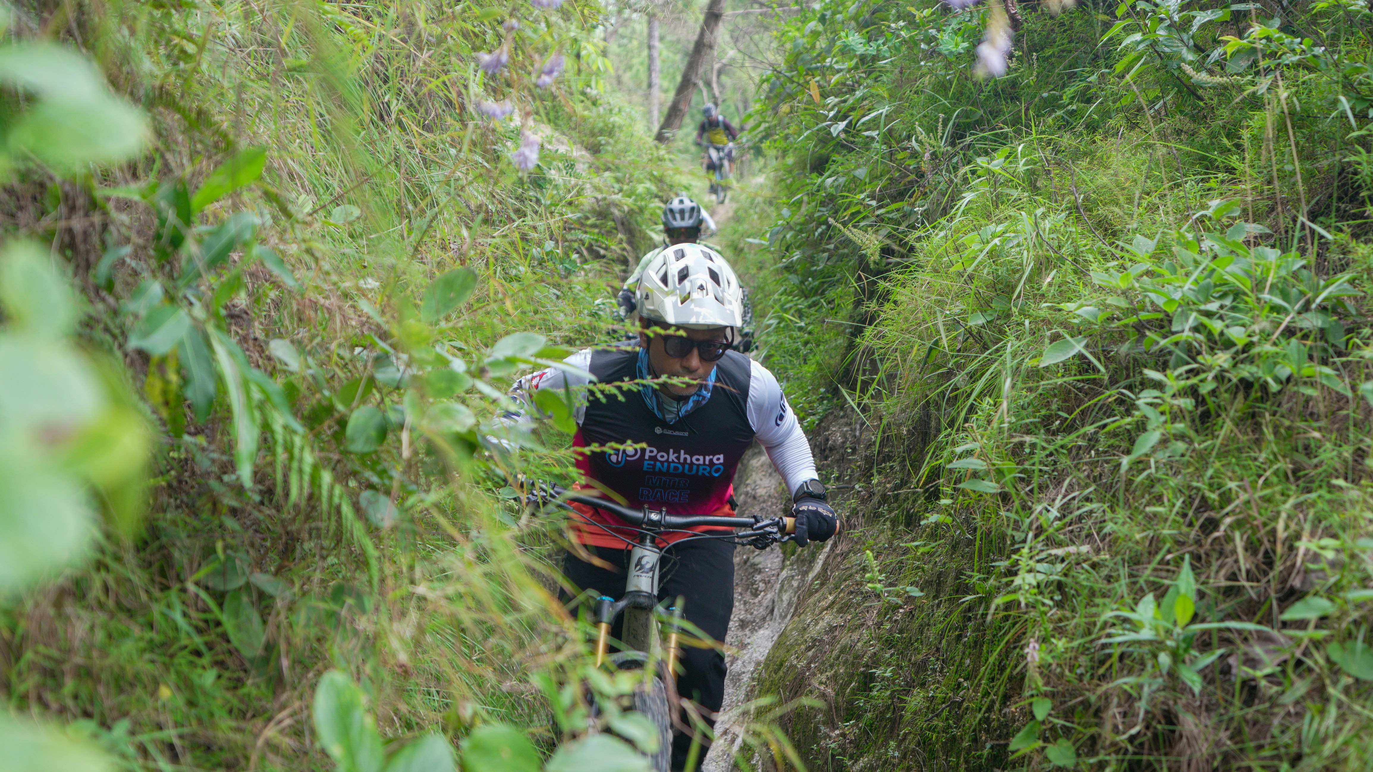 Mountain bikers navigate a narrow overgrown trail.