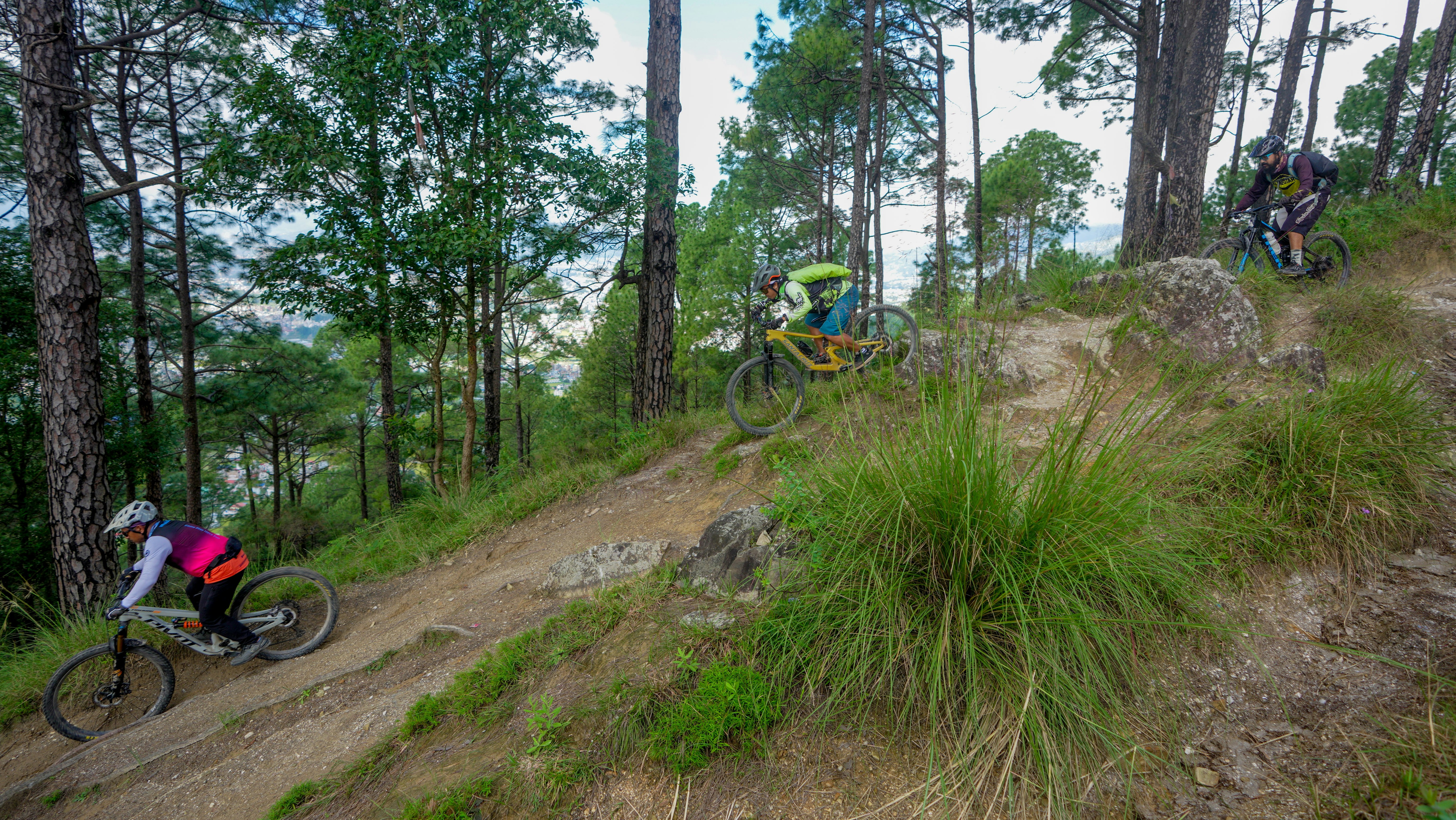 Mountain bikers descend a steep, wooded trail.
