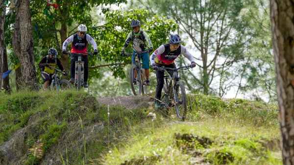 Advanced mountain biking on Panic Switch trail through ponderosa pine forest