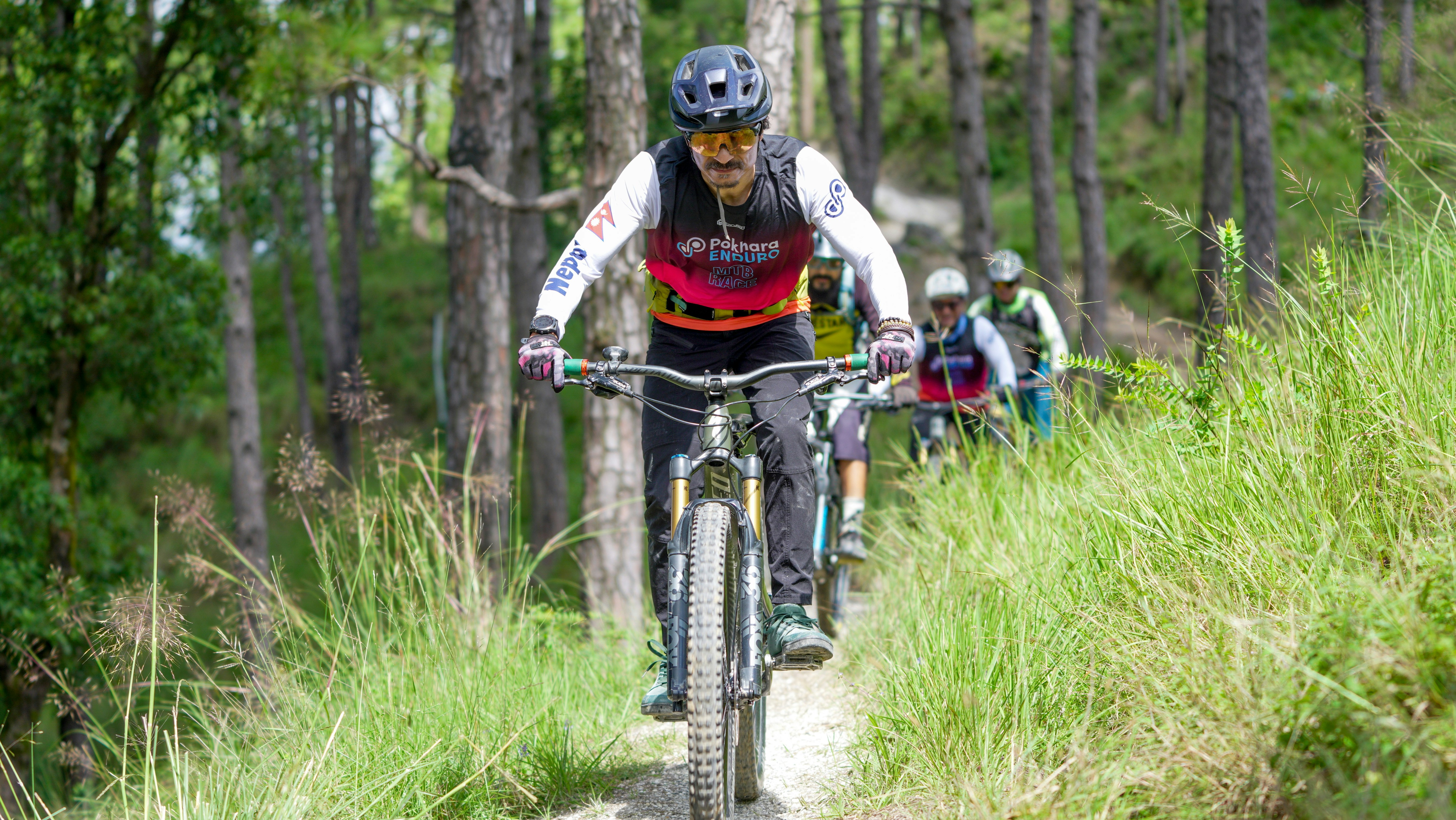 Cyclists riding mountain bikes on a forest trail.