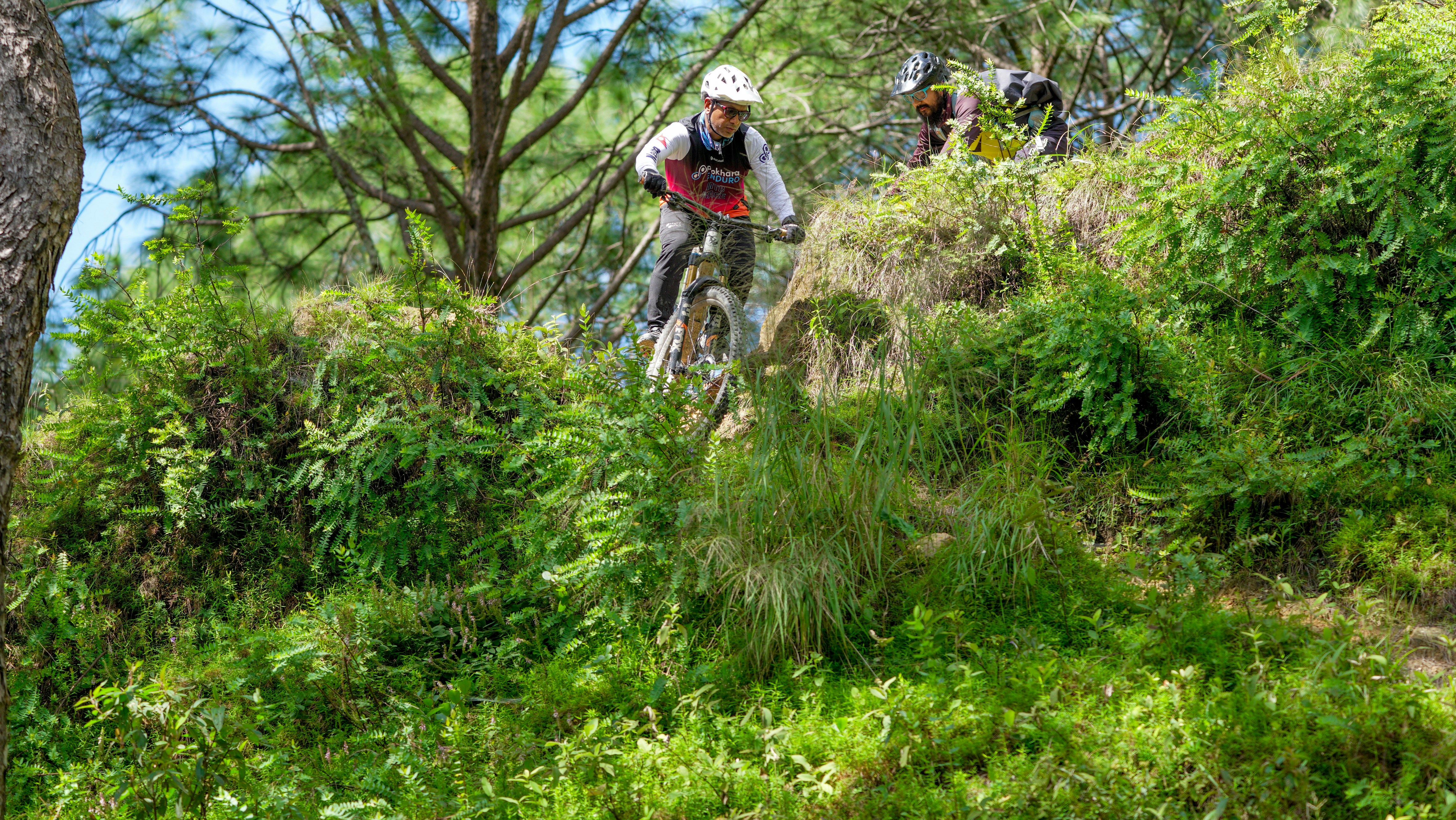 Cyclists riding mountain bikes on a grassy trail.