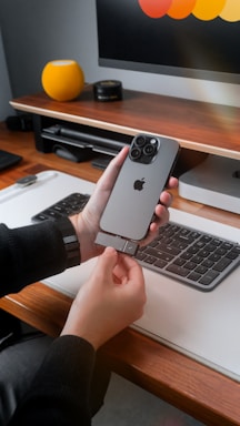 Person attaching accessory to iPhone near keyboard