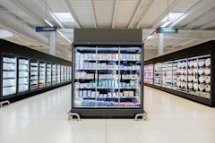 Refrigerated display cases in a supermarket aisle.
