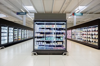 Refrigerated display cases in a supermarket aisle.