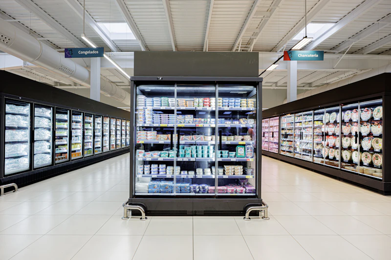 Supermarket refrigerated and frozen display cases — the chilled retail endpoint of the cold chain
