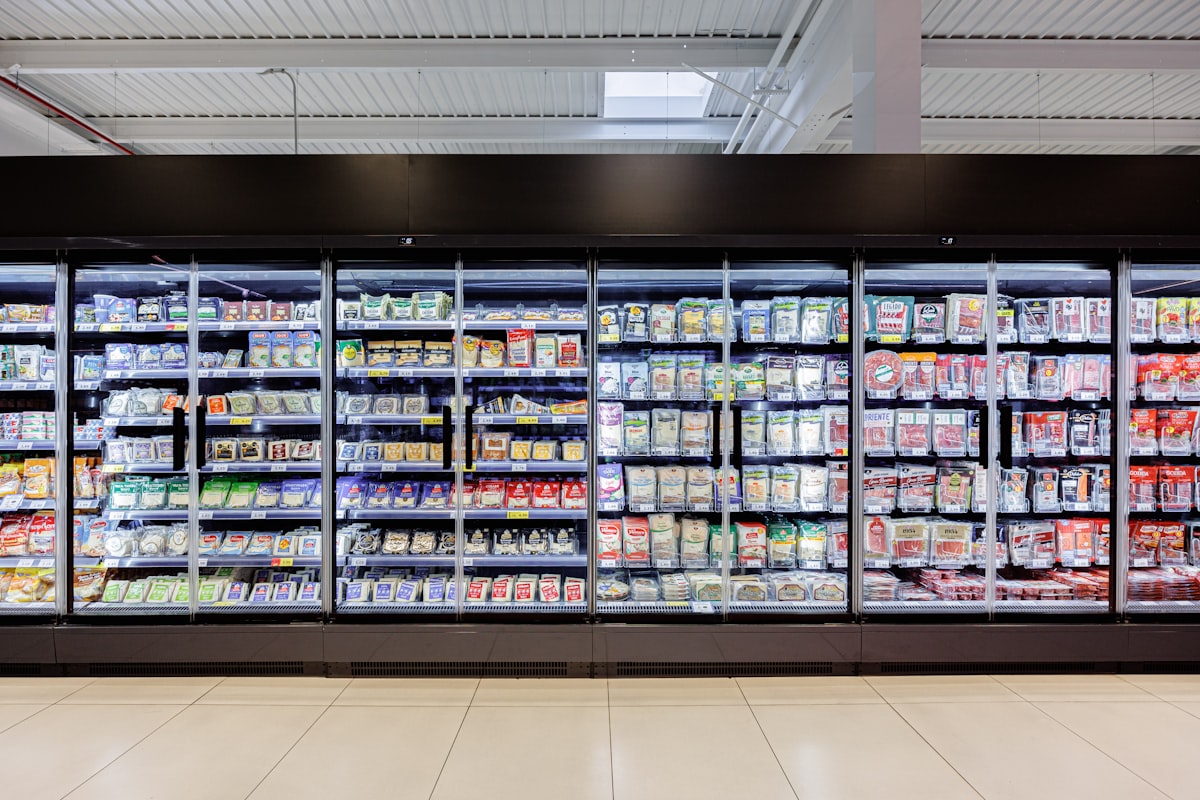 Interior of an industrial cold storage room with shelving