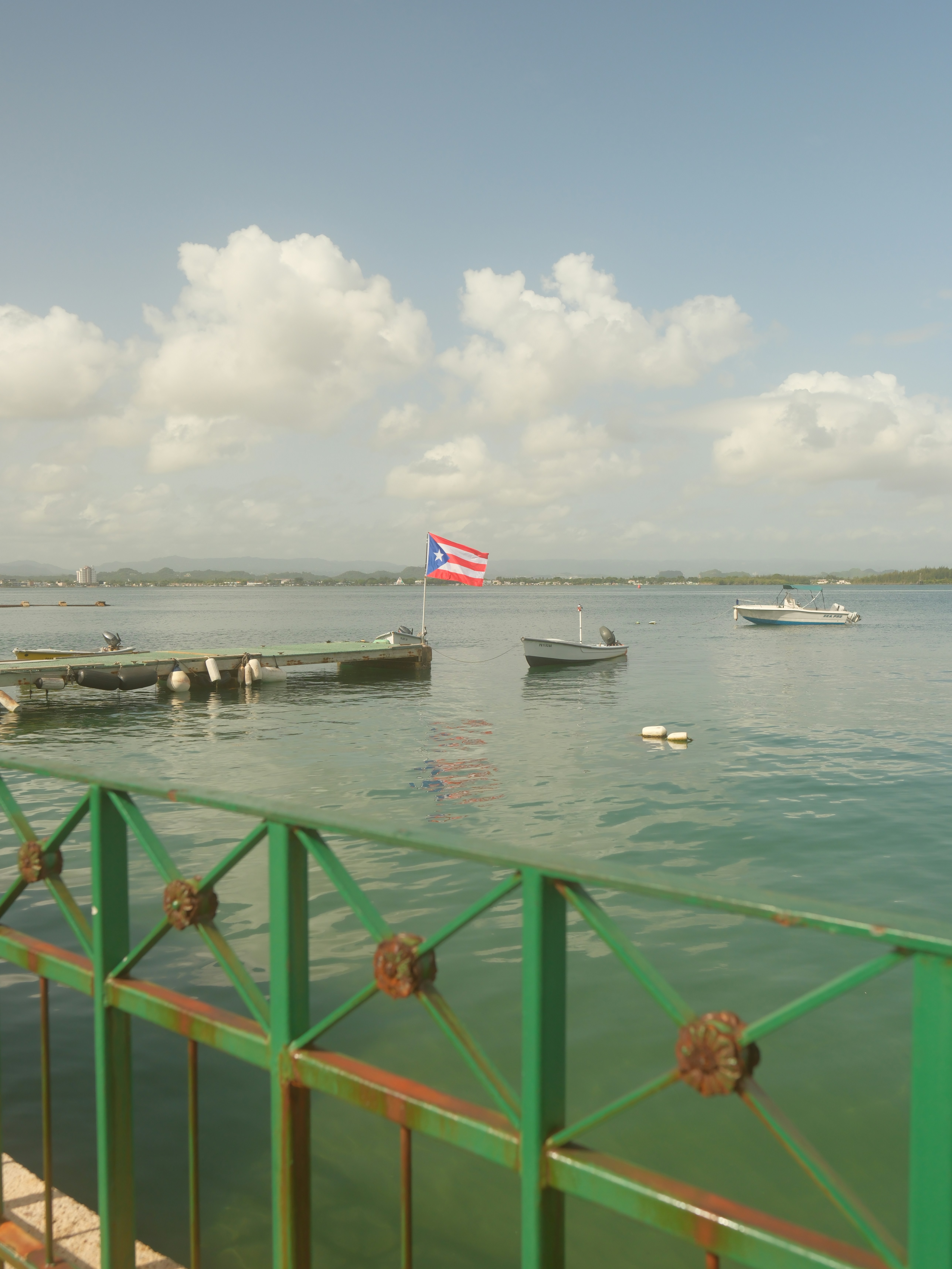 Puerto rican flag flies over calm blue water.