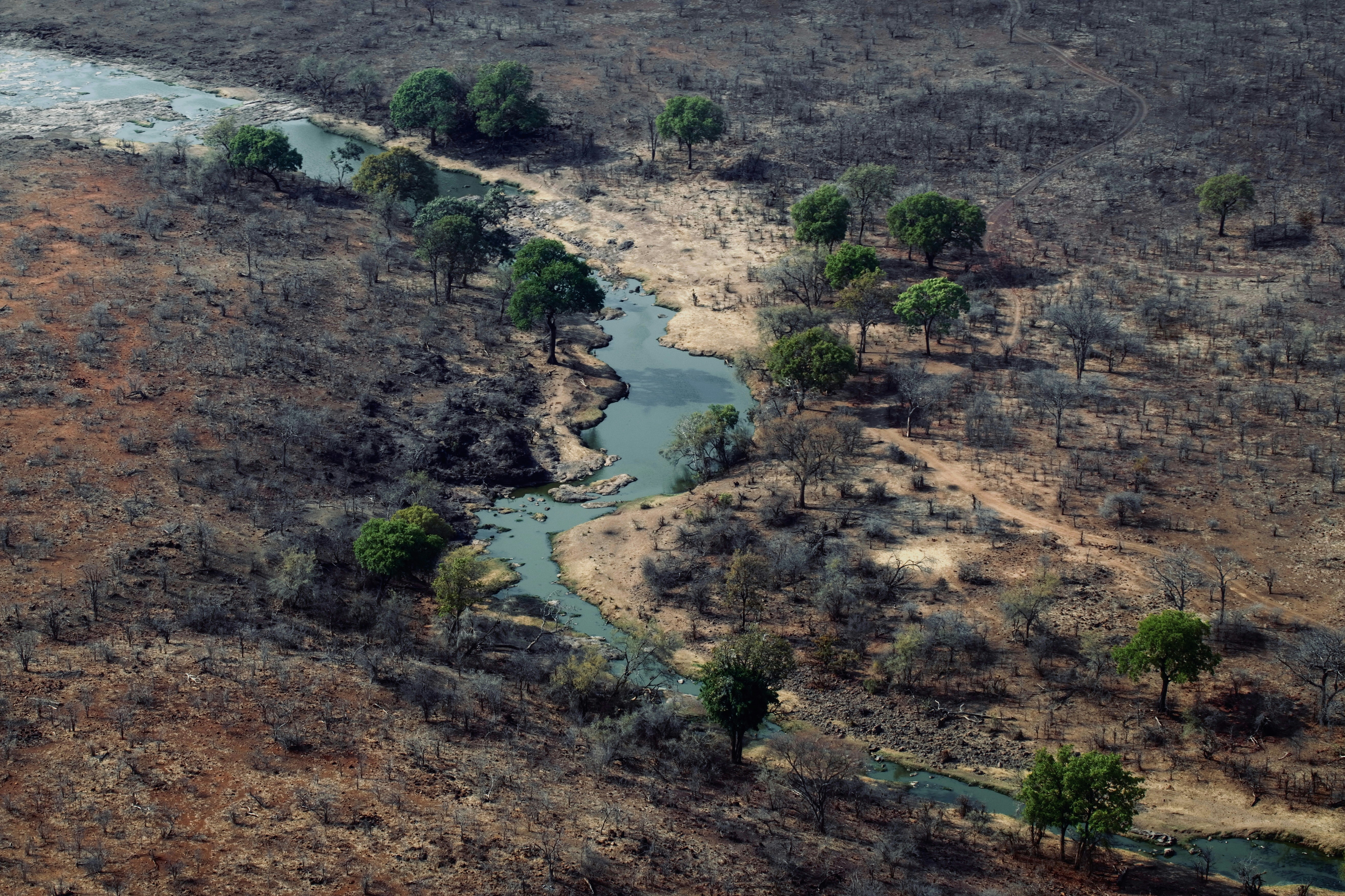 A winding river flows through a dry, wooded landscape.