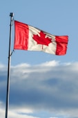Canadian flag waving in the blue sky