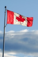 Canadian flag waving in the blue sky