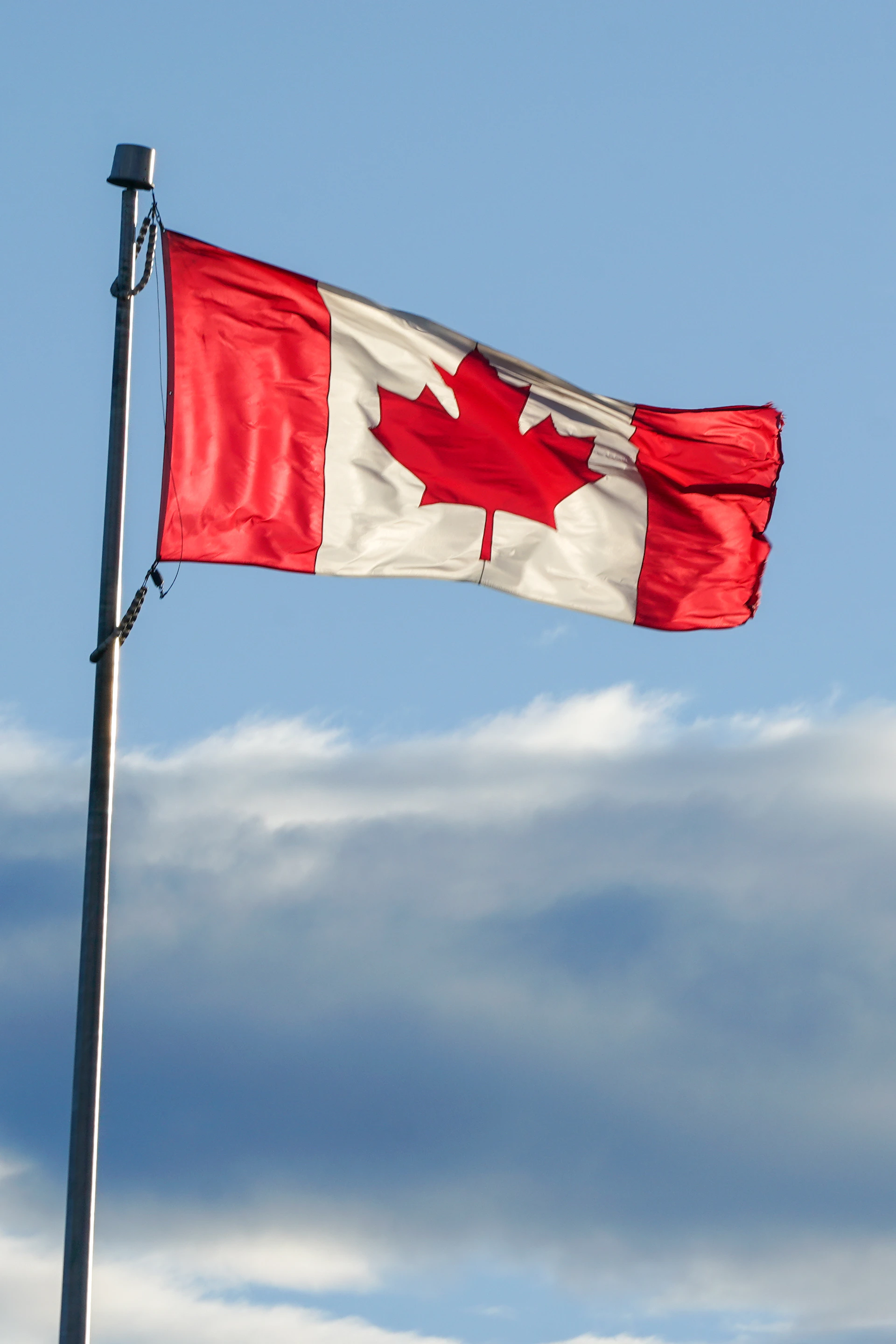 Canadian flag waving in the blue sky