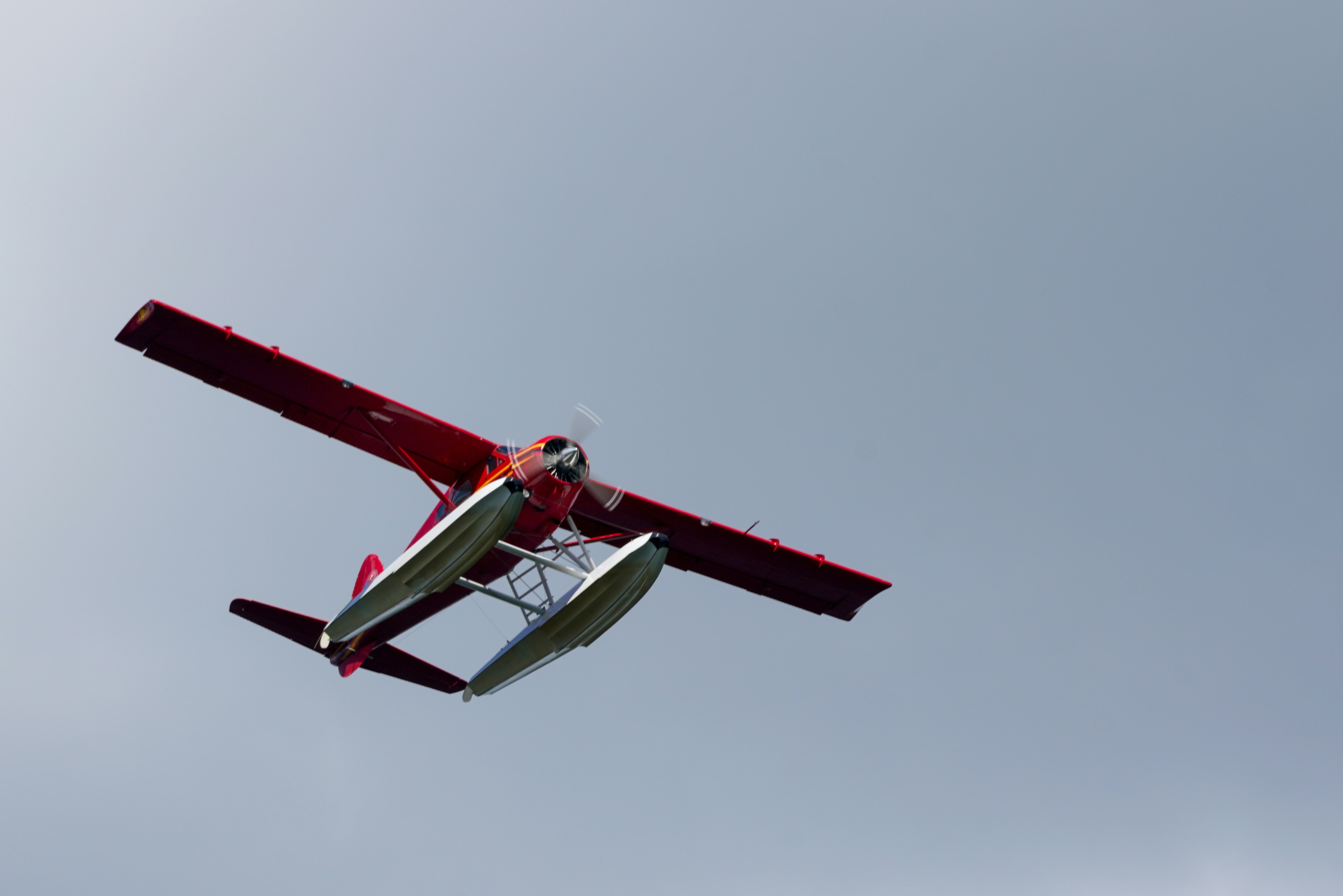 Ein rotes Wasserflugzeug fliegt am Himmel