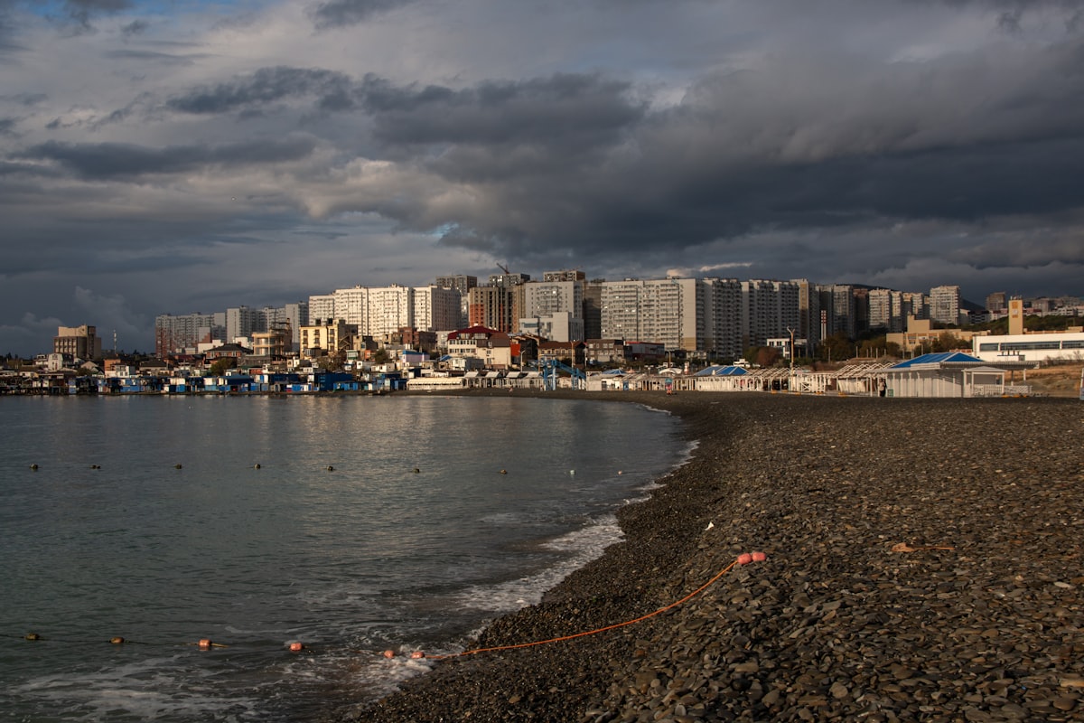 Coastal city skyline with apartment buildings and harbor.