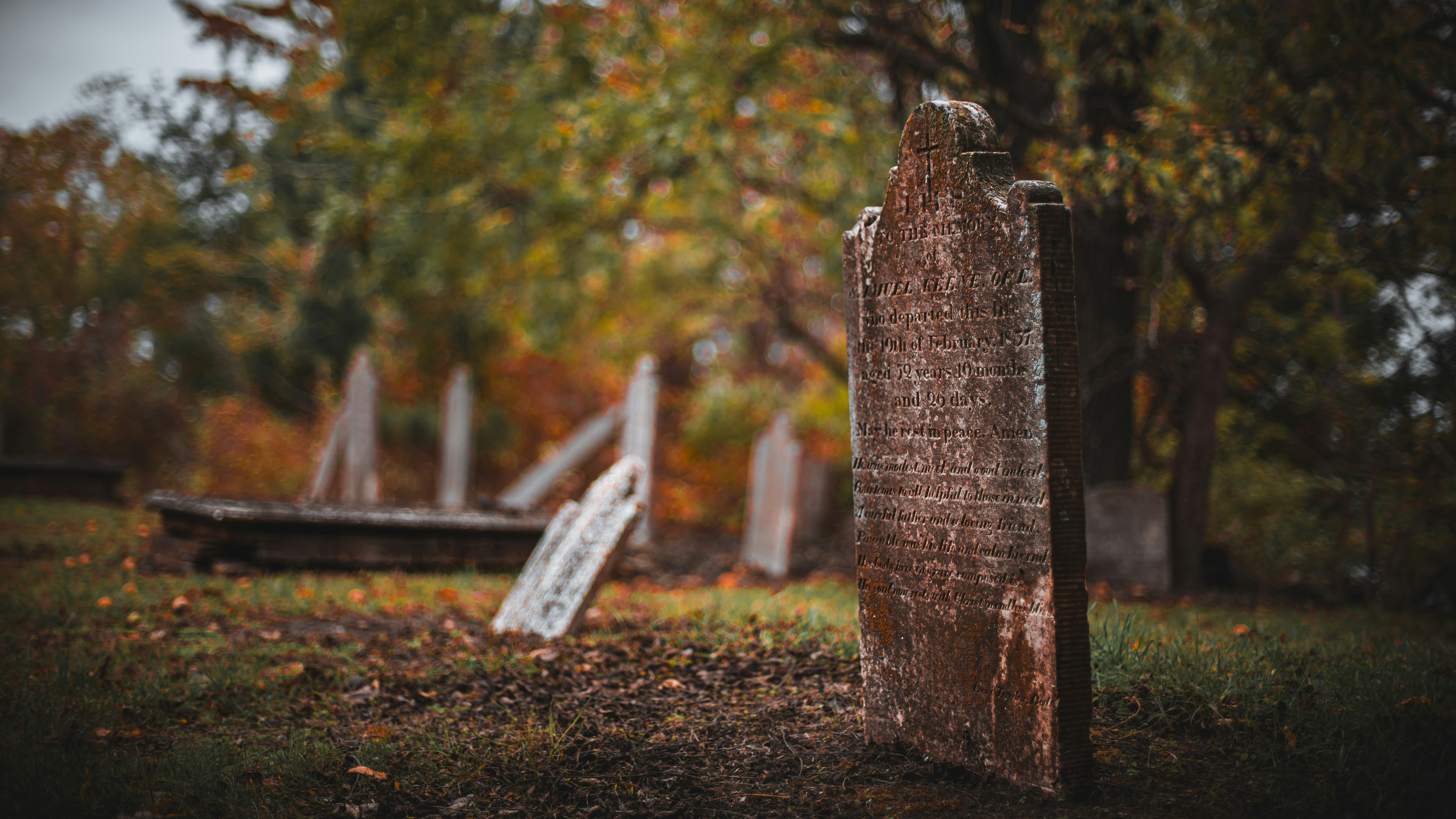 Old weathered gravestones in a quiet cemetery.