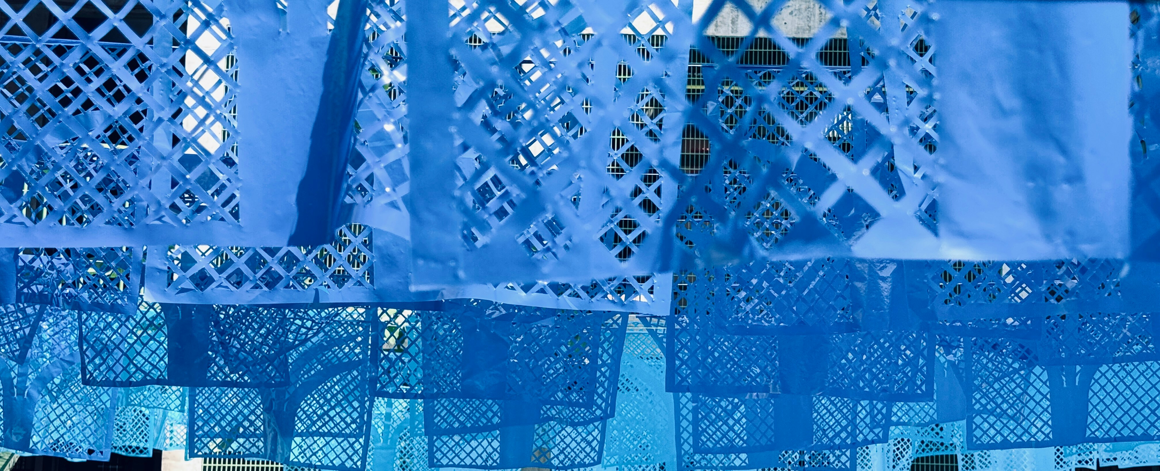 Blue decorative fabric hanging in layers