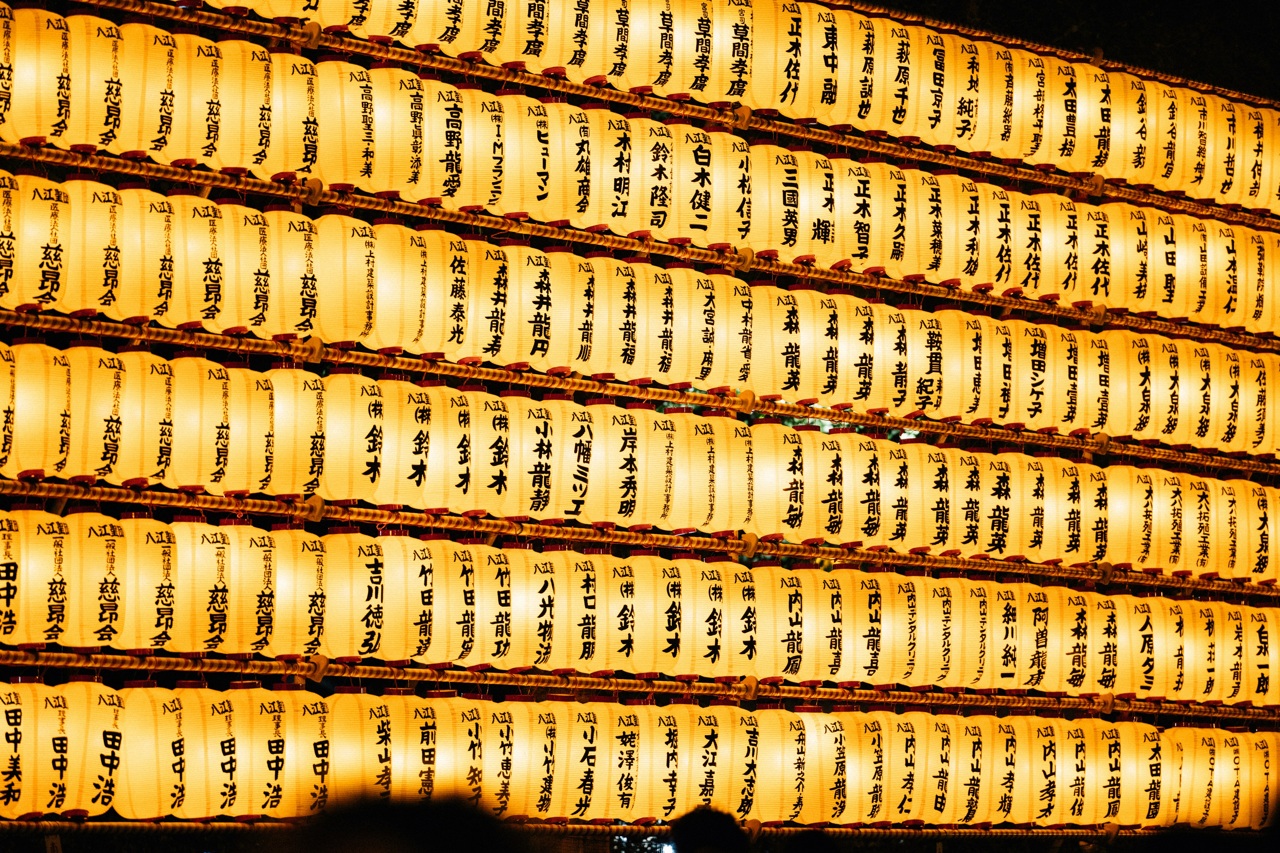 Rows of illuminated japanese lanterns at night
