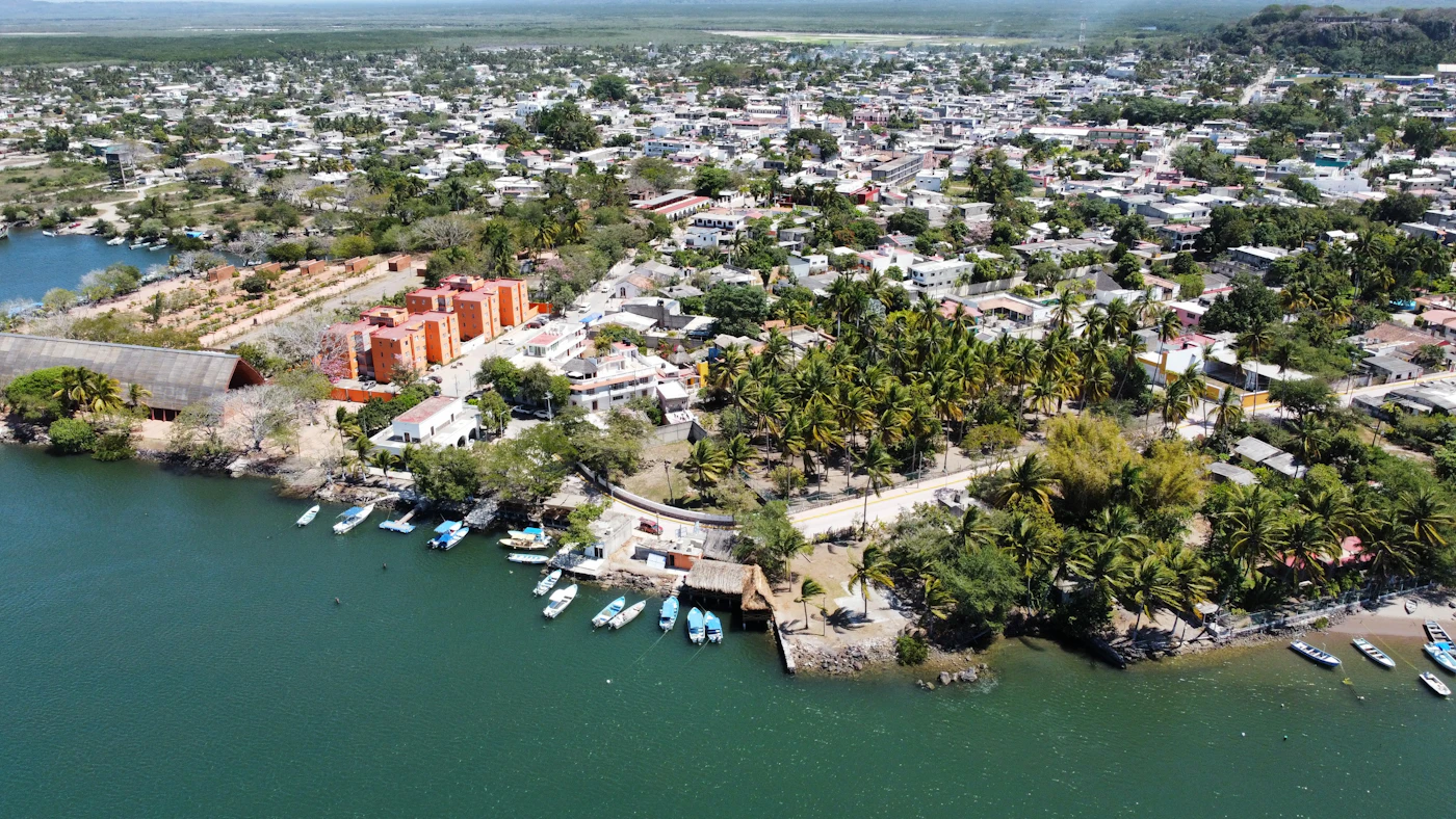 Coastal Panama town with boats docked by the water